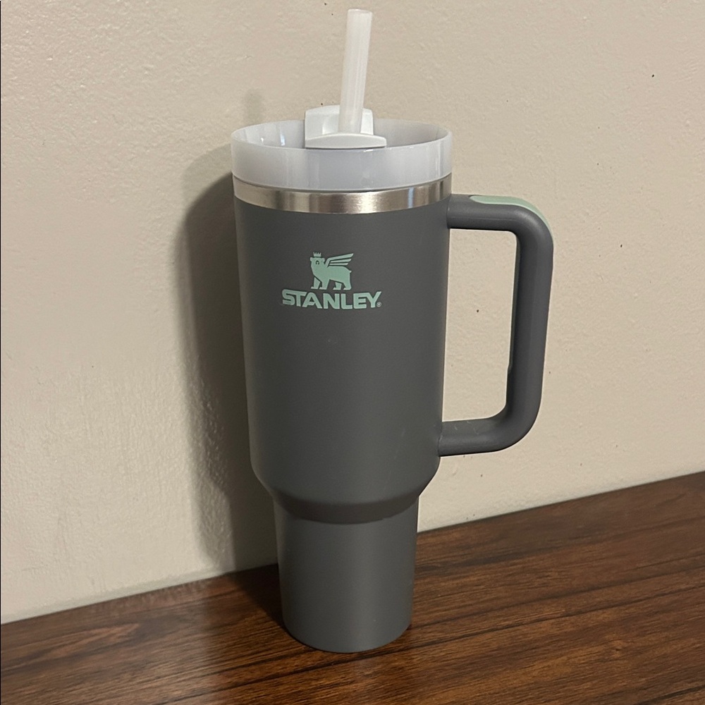 Stanley 40oz Charcoal Grey and Green Cup with Straw